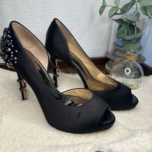 ANTONIO MELANI Black Satin Peep-Toe Heels